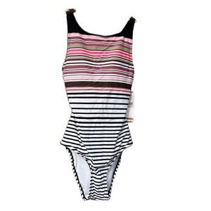 DKNY Pink and Brown One Piece Swimsuit Sporty Stripes